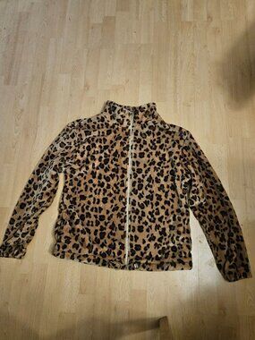 Angel Cult XL Leopard Print Plush Fleece Zip Up Jacket Y2K Drawstring Hem ws92